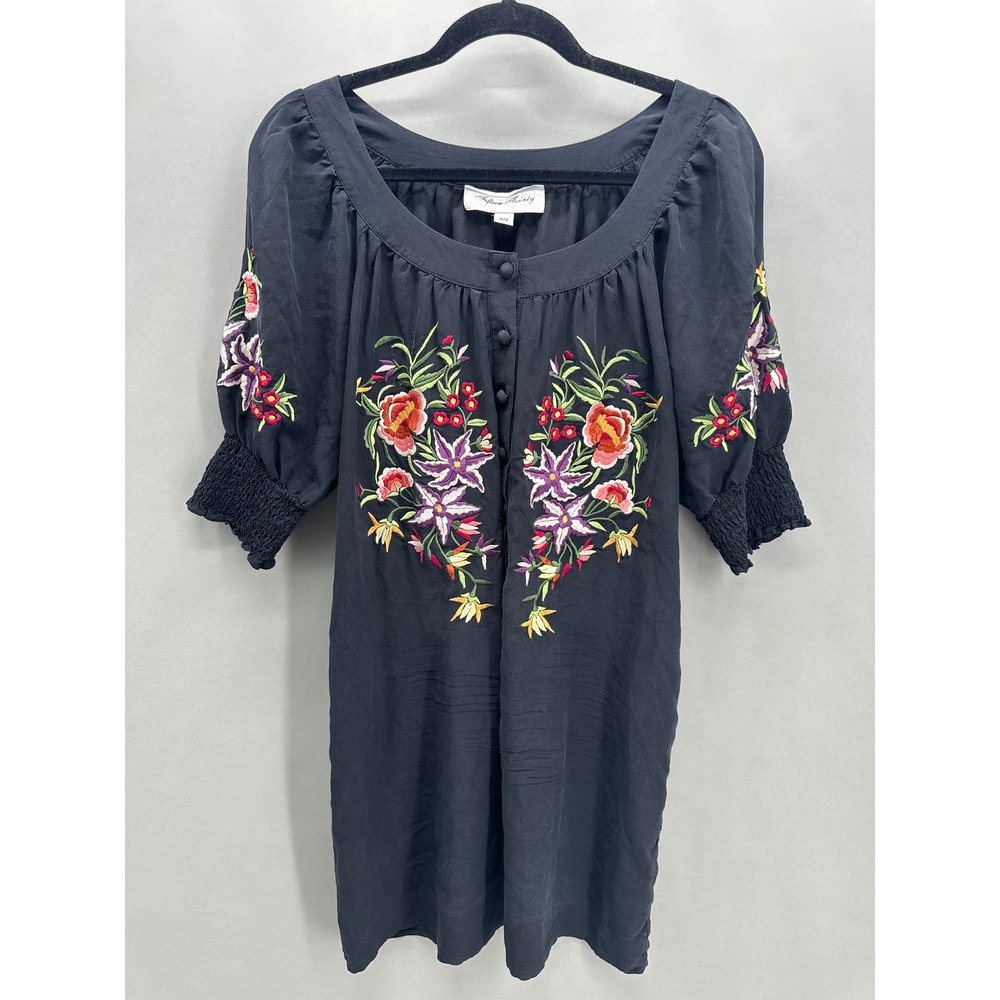 Fifteen Twenty Black 100% Silk Floral Embroidered Puff Sleeve Tunic Dress M Boho